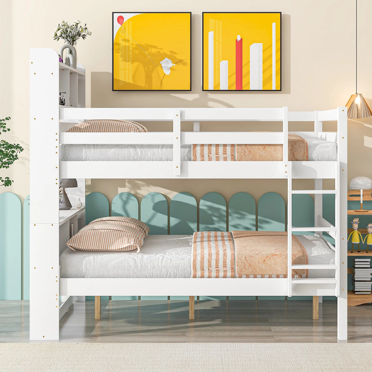 Full Over Full Bunk Beds with Bookcase Headboard Solid Wood Bed Frame with Safety Rail and Ladder White Z6846