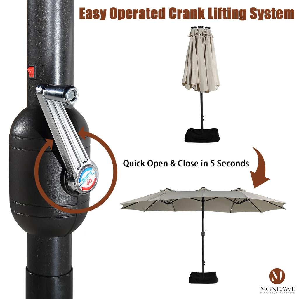 15ft Double-Sided Patio Umbrella with Solar Lights and Base H253476