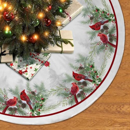 Christmas Tree Skirt 36 Inches Red Poinsettia Floral Holly Leaves White P4512