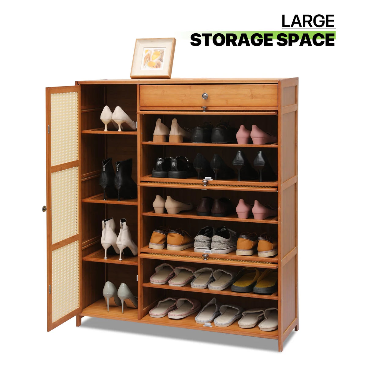Bamboo 28 Pairs 6 Shelves Shoe Storage Cabinet with 4 Rattan Doors U355299