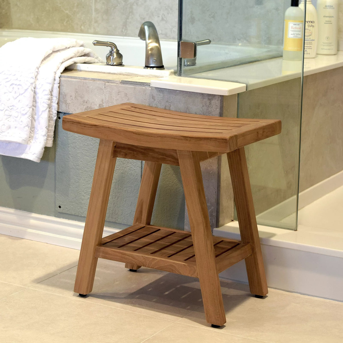 Solid Teak Fully Assembled Shower Bath Spa Stool Side Table U52891