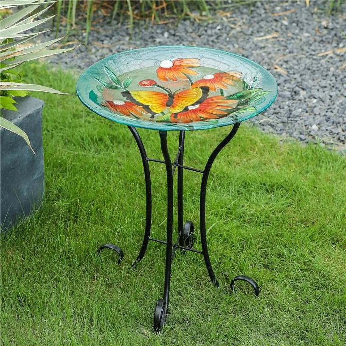 Glass Bird Bath with Metal Stand S370536