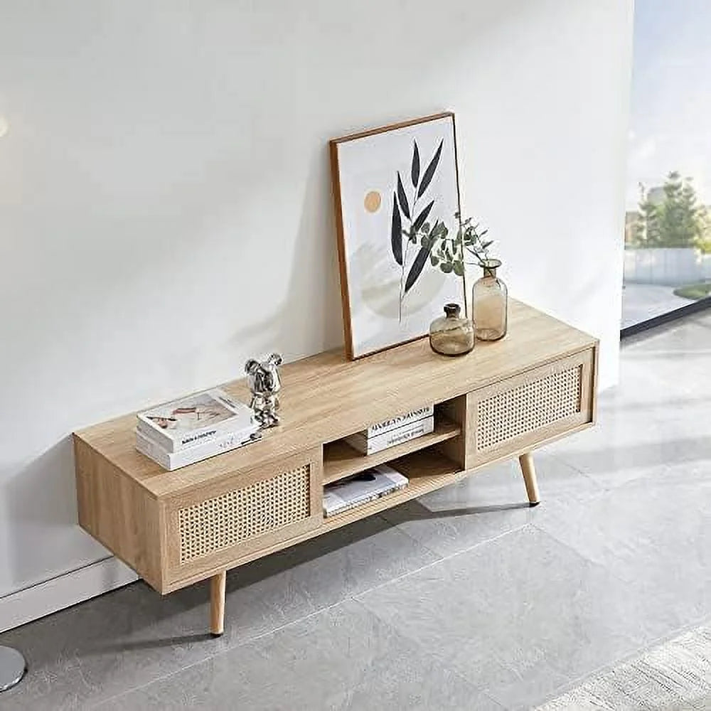 Mid Century 55.12 Inch Wooden TV Stand with Sliding PE Rattan Door H77127