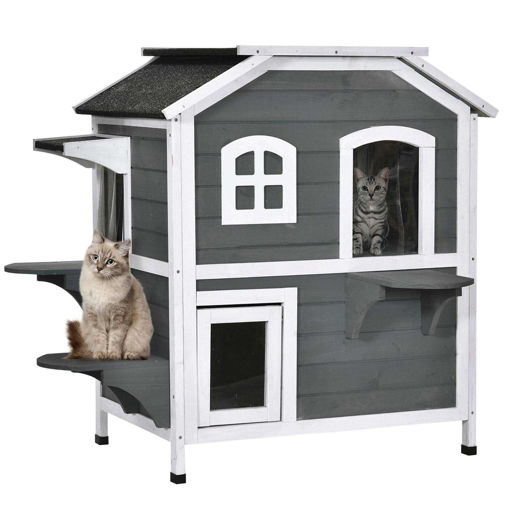 Wooden 2-Story Outdoor Cat House with Escape Door F159445