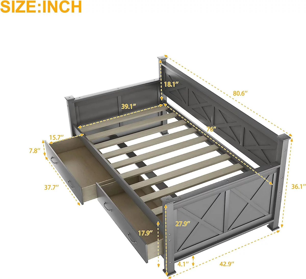 Grey Wood Daybed with Two Storage Drawers S83218