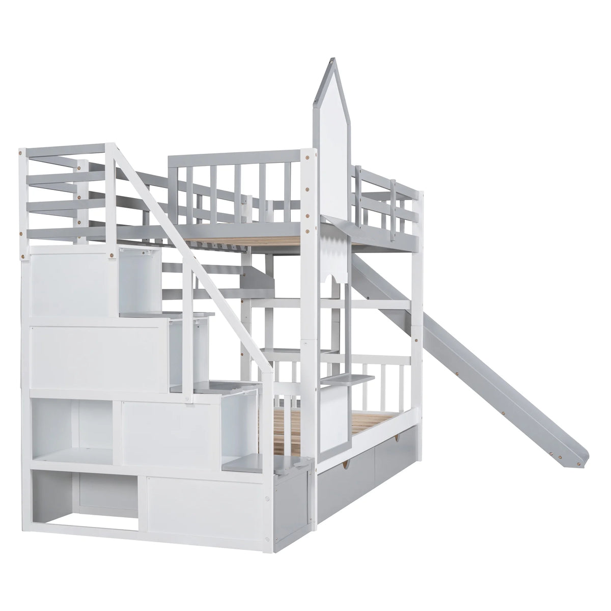 Twin Over Twin Bunk Bed with 2 Drawers and Slide, Gray T12265