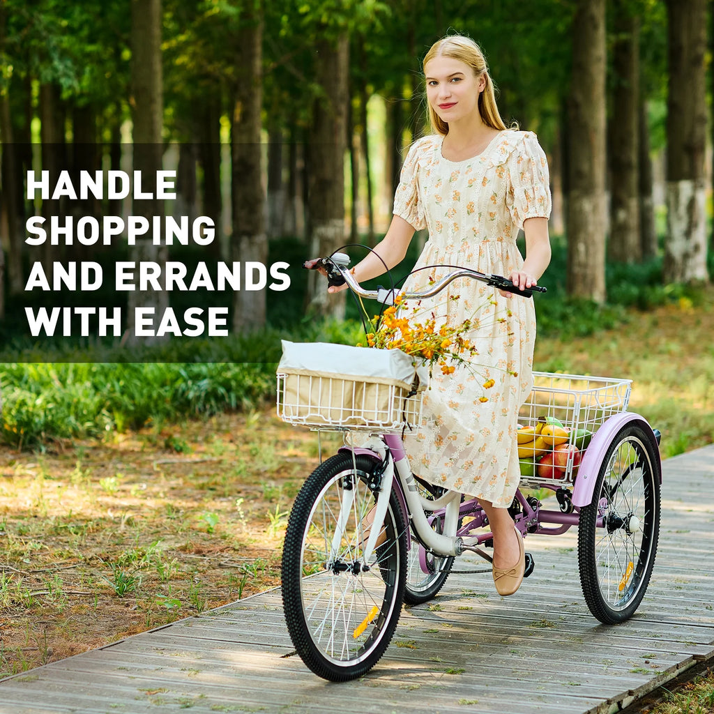 24 Inch 7 Speed Adult Trike with Adjustable Seat and 2 Baskets Matte Gray F662471