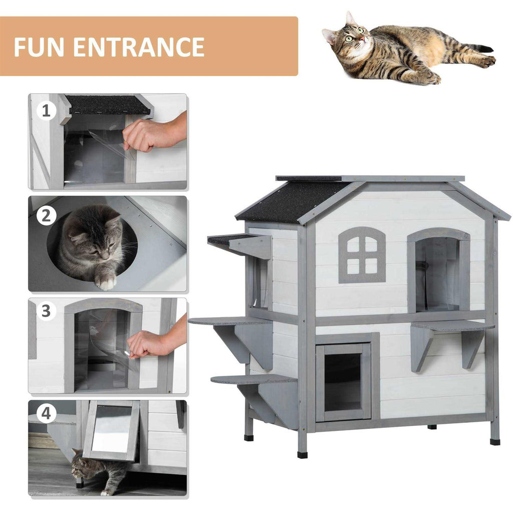 Wooden 2-Story Outdoor Cat House with Escape Door F159445