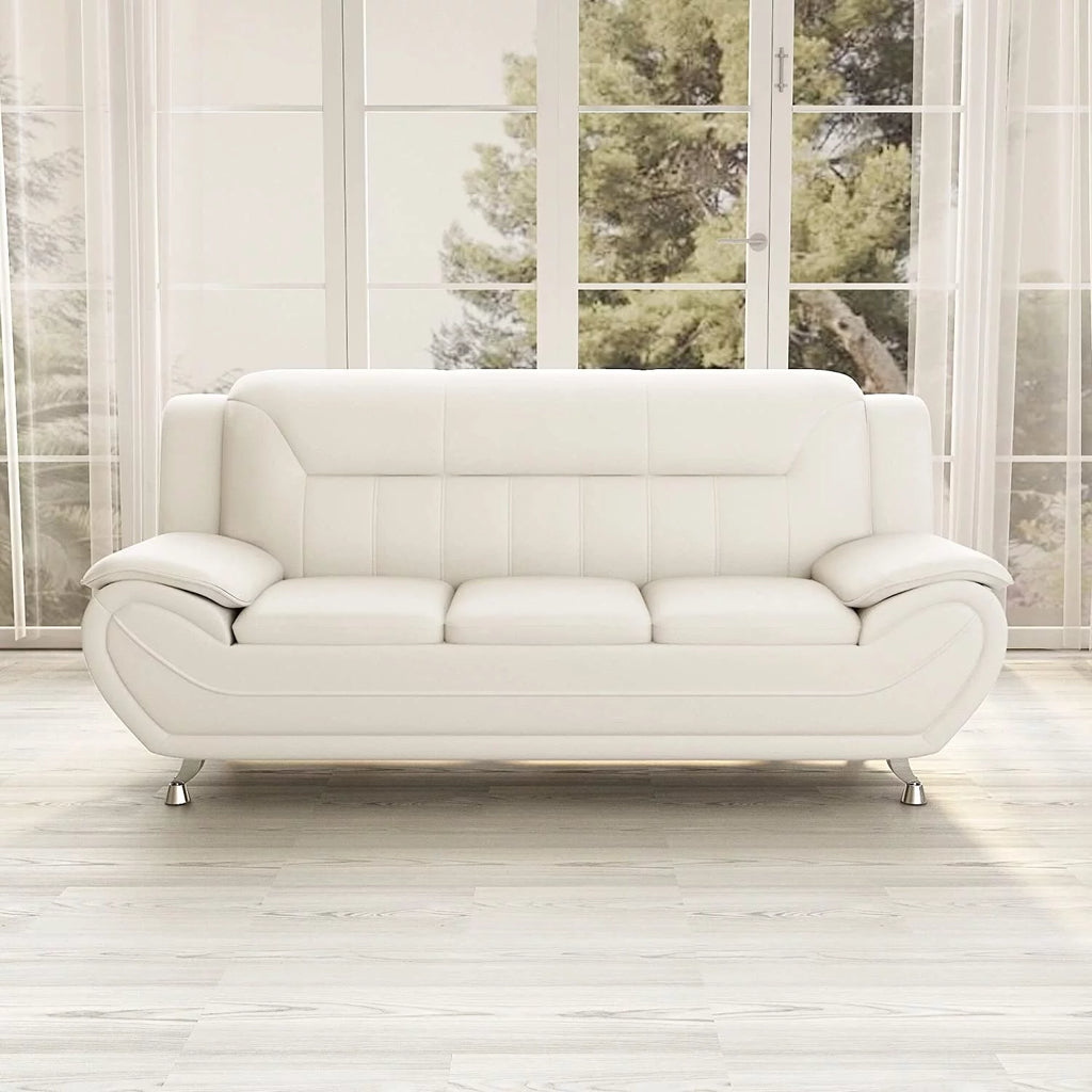 Cream White Faux Leather Pillow Top Arm Sofa P968