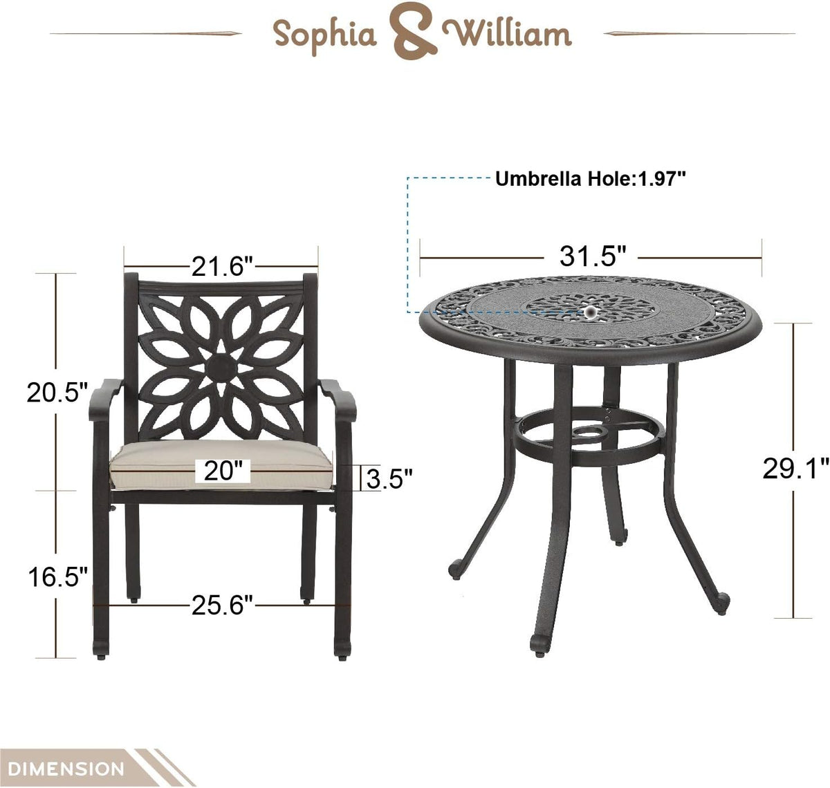 3 Pieces Cast Aluminum Bistro Bar Set with 2 Chairs and 1 Round Table, Antique Bronze G9046